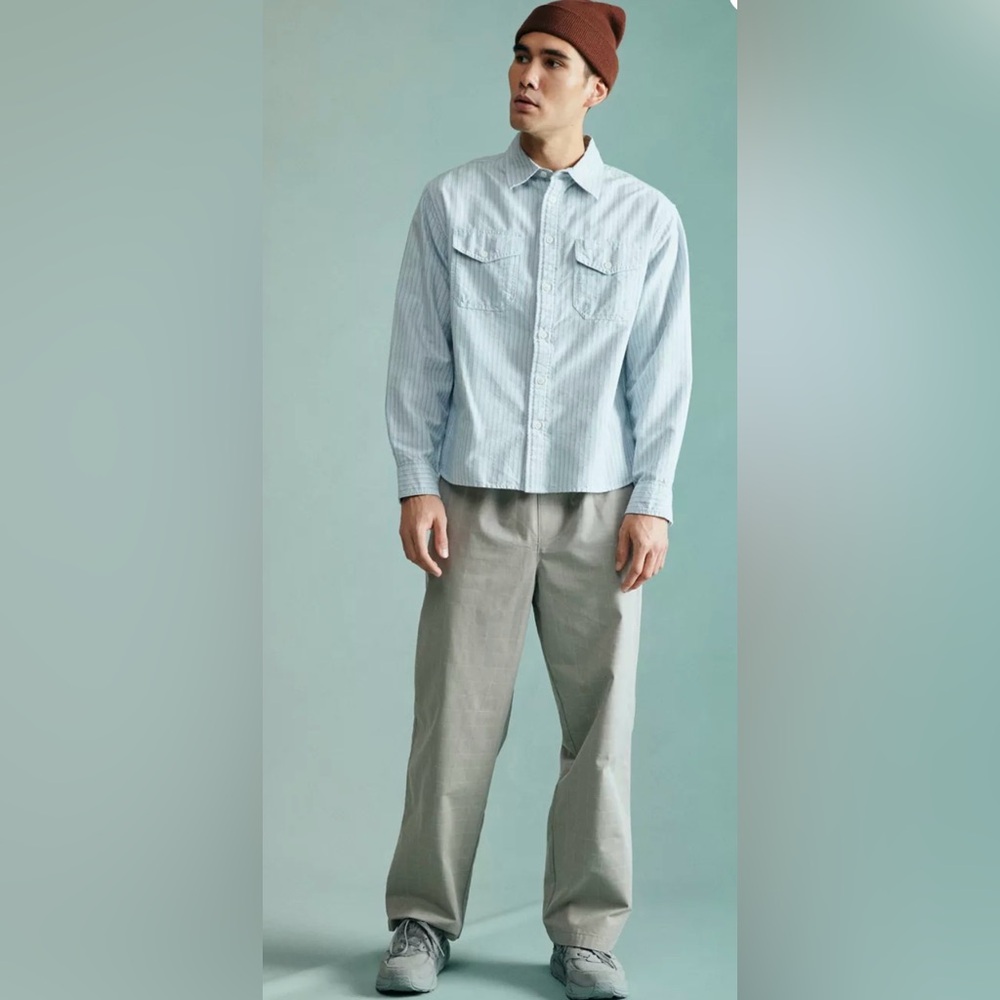 UO Standard Cloth Windowpane Plaid Trouser Pants Khaki Tan/Light Blue White M